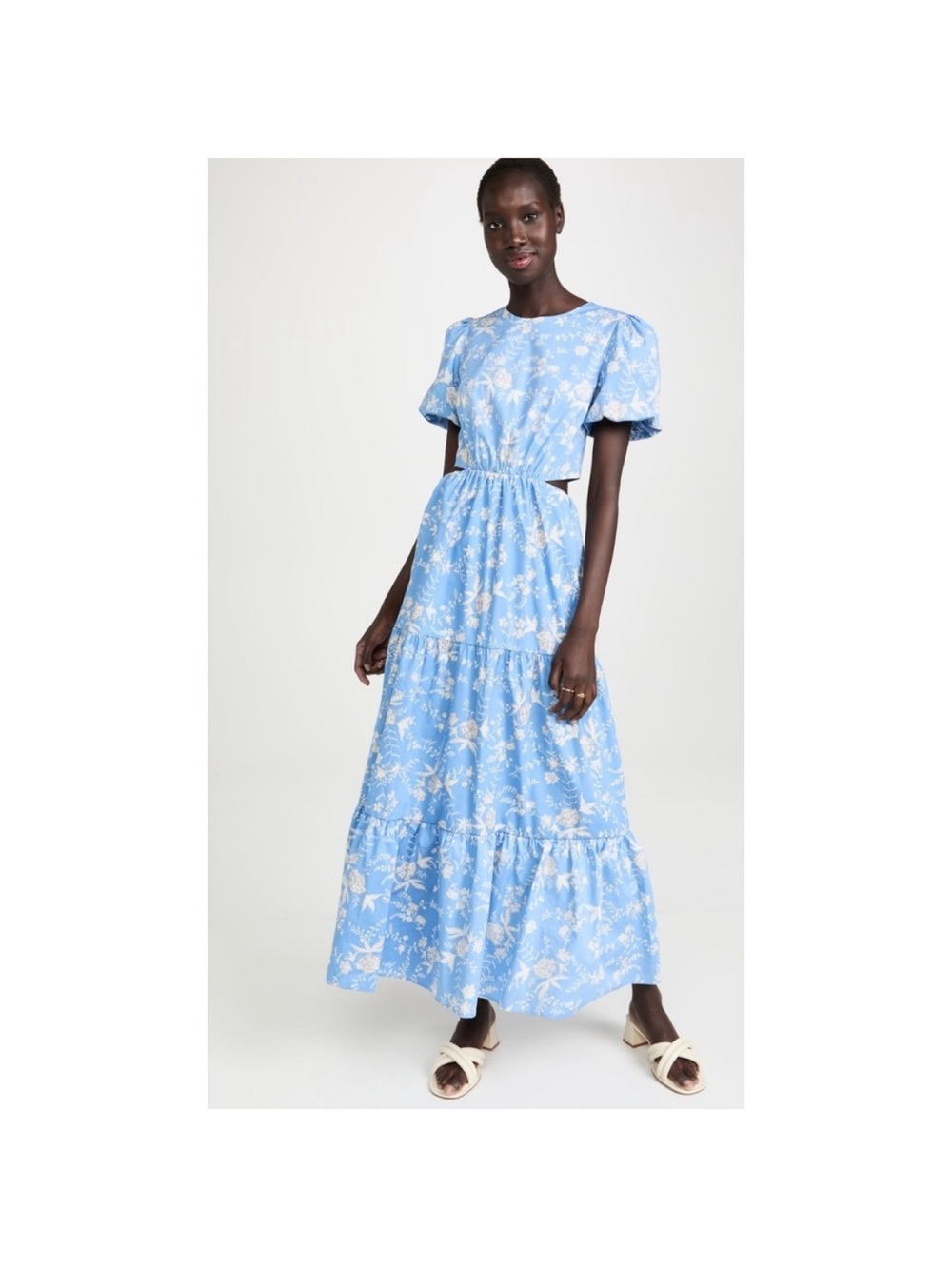 WAYF Plaza Cutout Short Puff Sleeve Maxi Dress Women Medium Light Blue Tiered